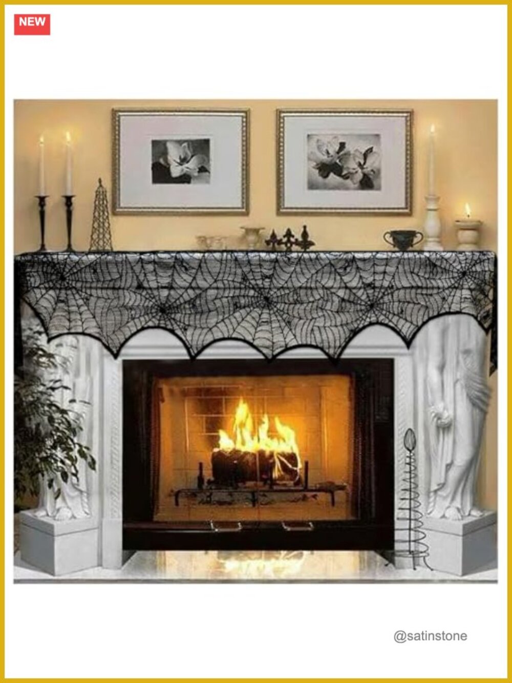 Halloween Black Lace Spiderweb Fireplace Mantle Scarf Cover Party Décor 18x96